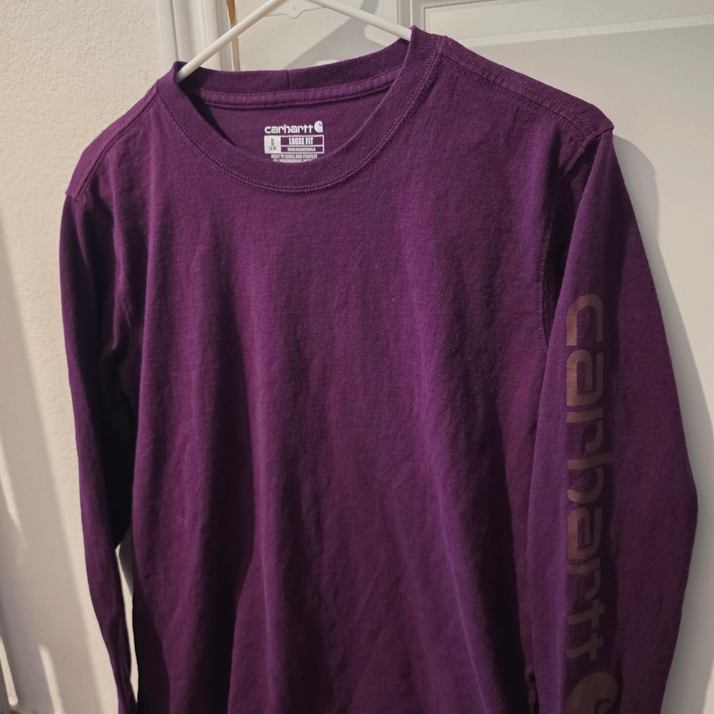 Carhartt Kids Loose Fit Long Sleeve T-Shirt Purple Logo Graphic Small 4-6